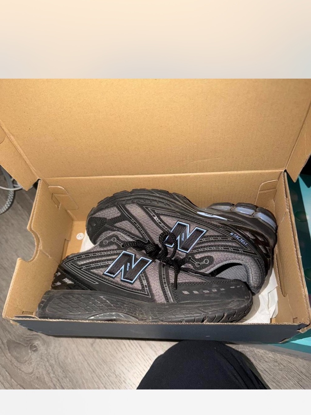 New Balance Black and Gray Athletic Sneakers with Blue Accent N
